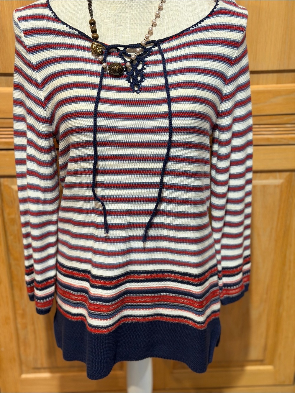 NWT Lauren Ralph Lauren Nautical Striped Lace Up Tunic Sweater Sz SM MSRP $130